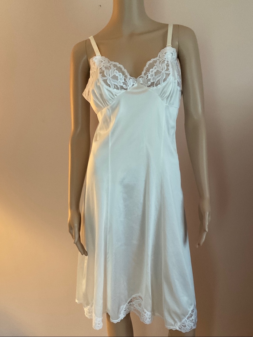 Vintage White Satin Lace-Trim Full Slip Chemise